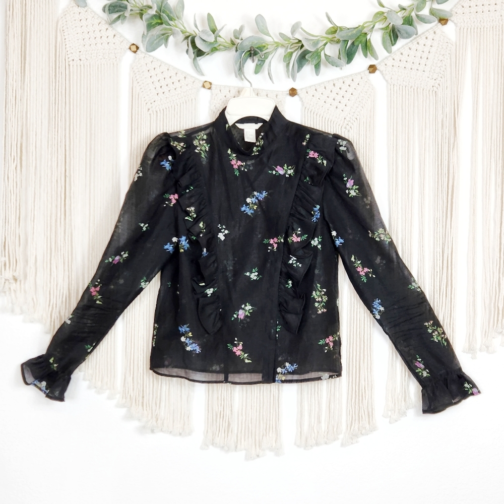 H&M Floral Black Sheer Blouse Exaggerated Puff Sleeve